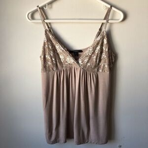 Tahari babydoll top lace overlay on front. Adjustable straps tan color Y2K M